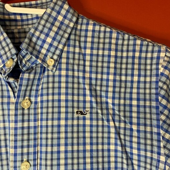 Vineyard Vines Boy's Blue Plaid Button Up Whale Shirt - Size Medium (12-14) - Picture 2 of 4